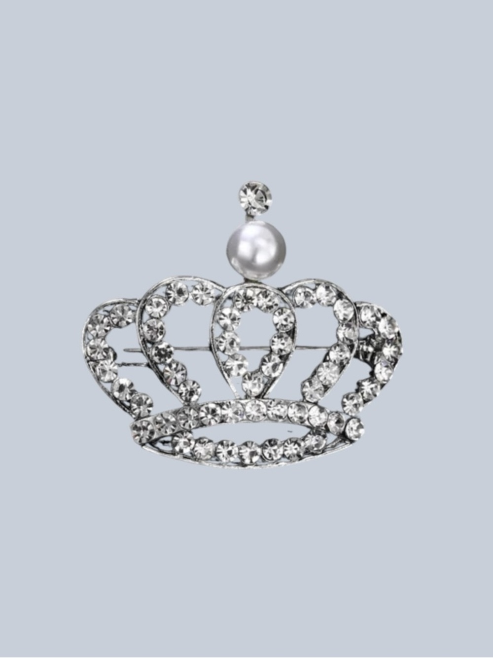 Rhinestone Crown Brooch Silver Tone Pearl Princess